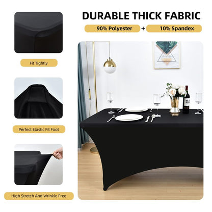 ZarzaaSik 6-Pack 4ft Spandex Black Table Covers for Rectangular Folding Tables - Wrinkle Resistant Stretch Tight Table Cloths - Ultimate Fitted Table Protector for Parties, Trade Shows, and Wedding