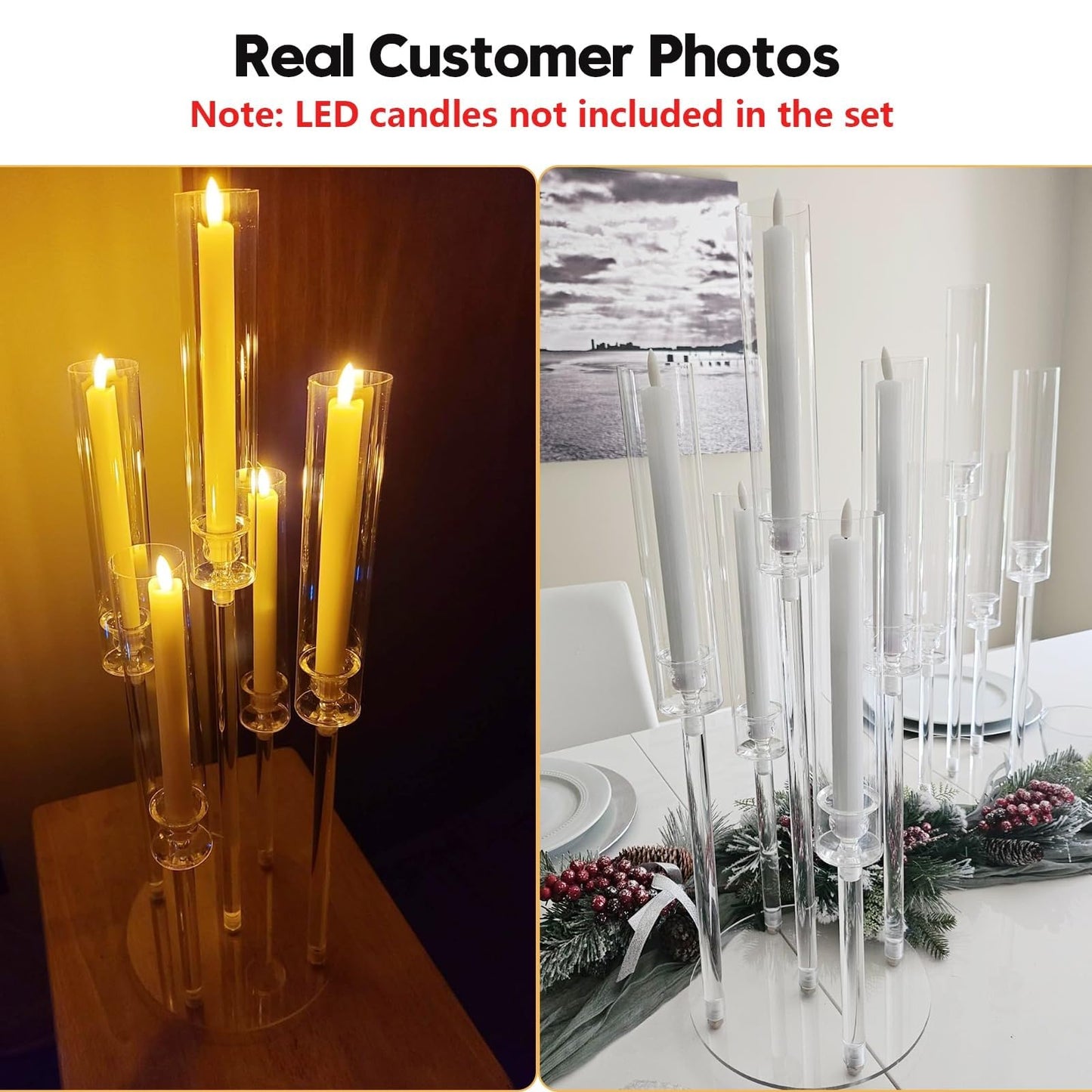 5 Arms Acrylic Candelabra Centerpieces for Tables, Clear Candle Holder for Halloween Christmas Wedding Party Decor, 27" Tall Candlestick Holders with Lampshade, Fits LED Candle(2pcs)