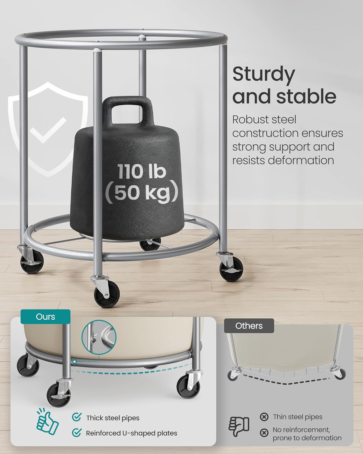 SONGMICS Laundry Basket - 50.2-Gallon Rolling Hamper Cart with Steel Frame & Removable Bag - Cream White & Metallic Silver