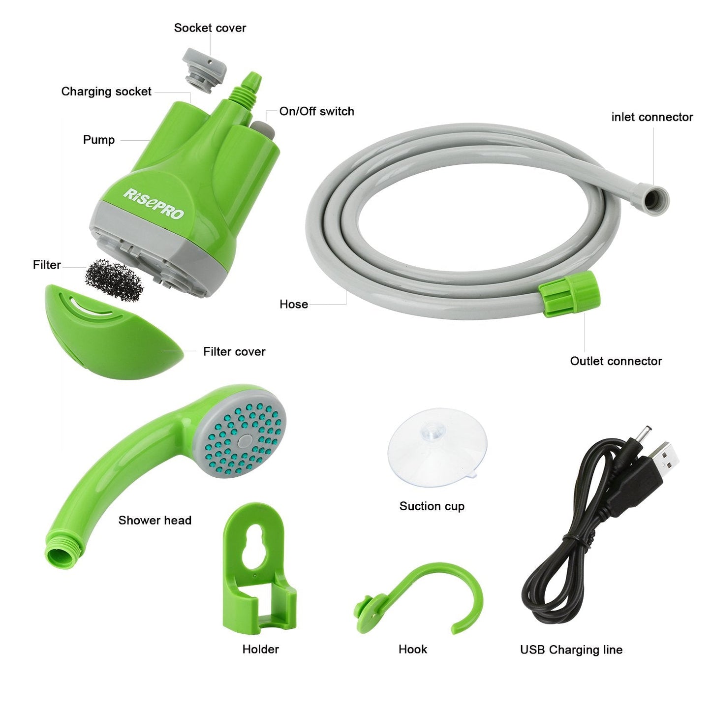 RISEPRO Portable Camping Shower, Outdoor Head, Pump With Rechargeable Battery, USB Charging Line, Pumps Water From Bucket for Hiking, Pet Cleaning, Car Washing