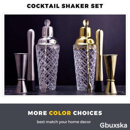 Gbuxska Gold Cocktail Shaker Set - Premium Glass Bartender Kit with Measuring Jigger, Mixing Spoon, and Muddler