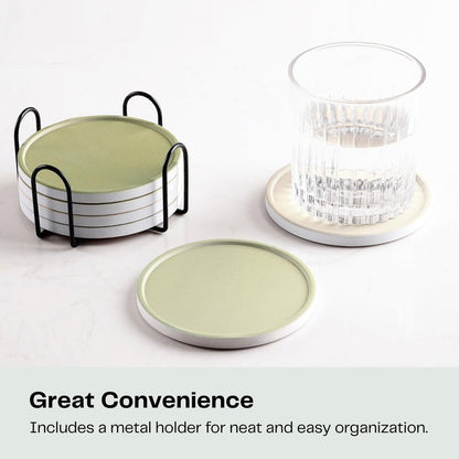 Hoomey Set of 6 Beige and Green Coasters with Holder, Absorbent Ceramic Drink Coasters with Cork Backing for Table Protection, Table Decor, Housewarming Gifts