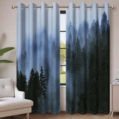 AWERT Blackout Curtains for Bedroom Light Blue Tree with Fog Nature Forest Curtains 2 Panels for Living Room Heat Blocking 42x84inch