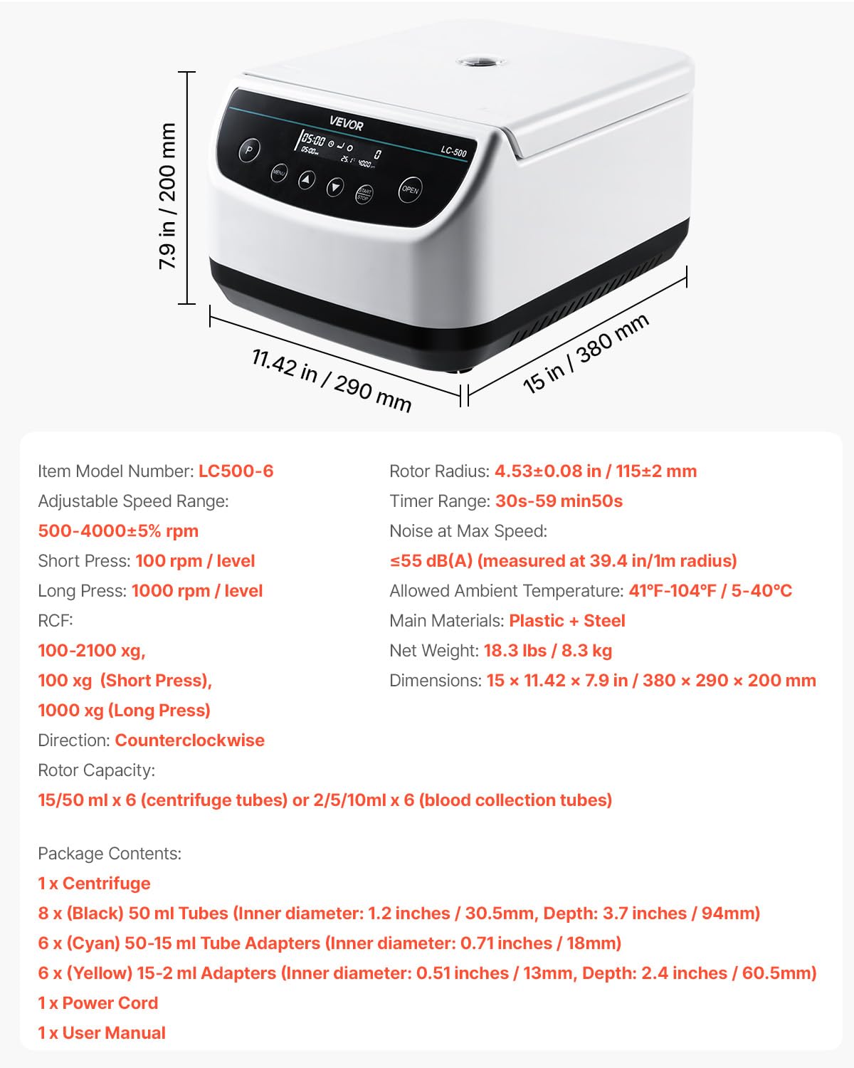 VEVOR Centrifuge Machine, 100-2100xg RCF Electric Laboratory Centrifuge Machine with 1 Rotor for 2/5/10/15/50ml Tube Capacity, Low Speed 500-4000rpm with Timer, Widely Used in Various Experiments