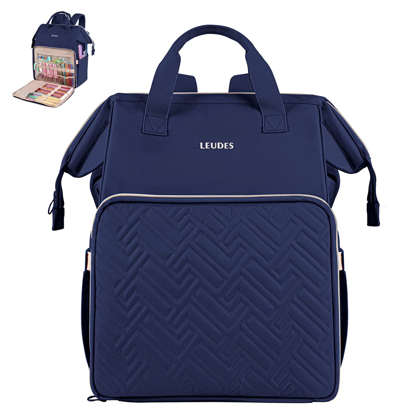 Leudes Knitting Bag Backpack, Yarn Storage Organizer Large Crochet Bag Tote Water Resistant Yarn Holder Case for Carrying Projects, Knitting Needles, Crochet Hooks and Other Accessories (Navy Blue)