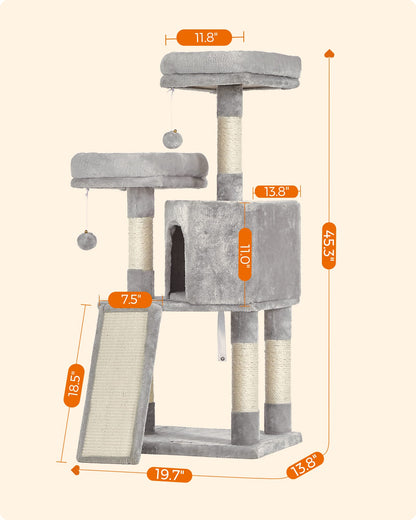 Feandrea Cat Tower, Cat Tree for Indoor Cats, 45.3-Inch Cat Condo with Scratching Post, Ramp, Perch, Spacious Cat Cave, for Kittens, Elderly Cats, Adult Cats, Small Space, Light Gray UPCT141W01