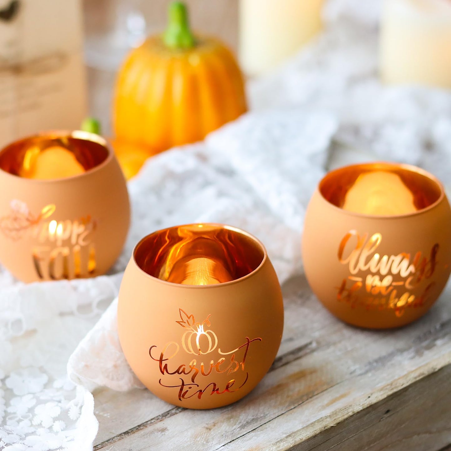 WDHODEC Thanksgiving Candle Holders 6 Pieces Orange Pumpkin Glass Votive Candle Holder for Fall Wedding, Party, Table Centerpiece Décor Thanksgiving Decorations Indoor and Outdoor
