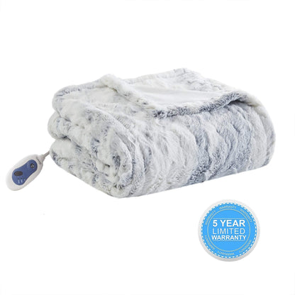 Beautyrest Zuri Reversible Faux Fur to Mink Electric Blanket, Auto Shut Off, Virtually Zero EMF, Multi Heat Setting, UL Certified, Machine Washable, Natural Marble Throw 50x70