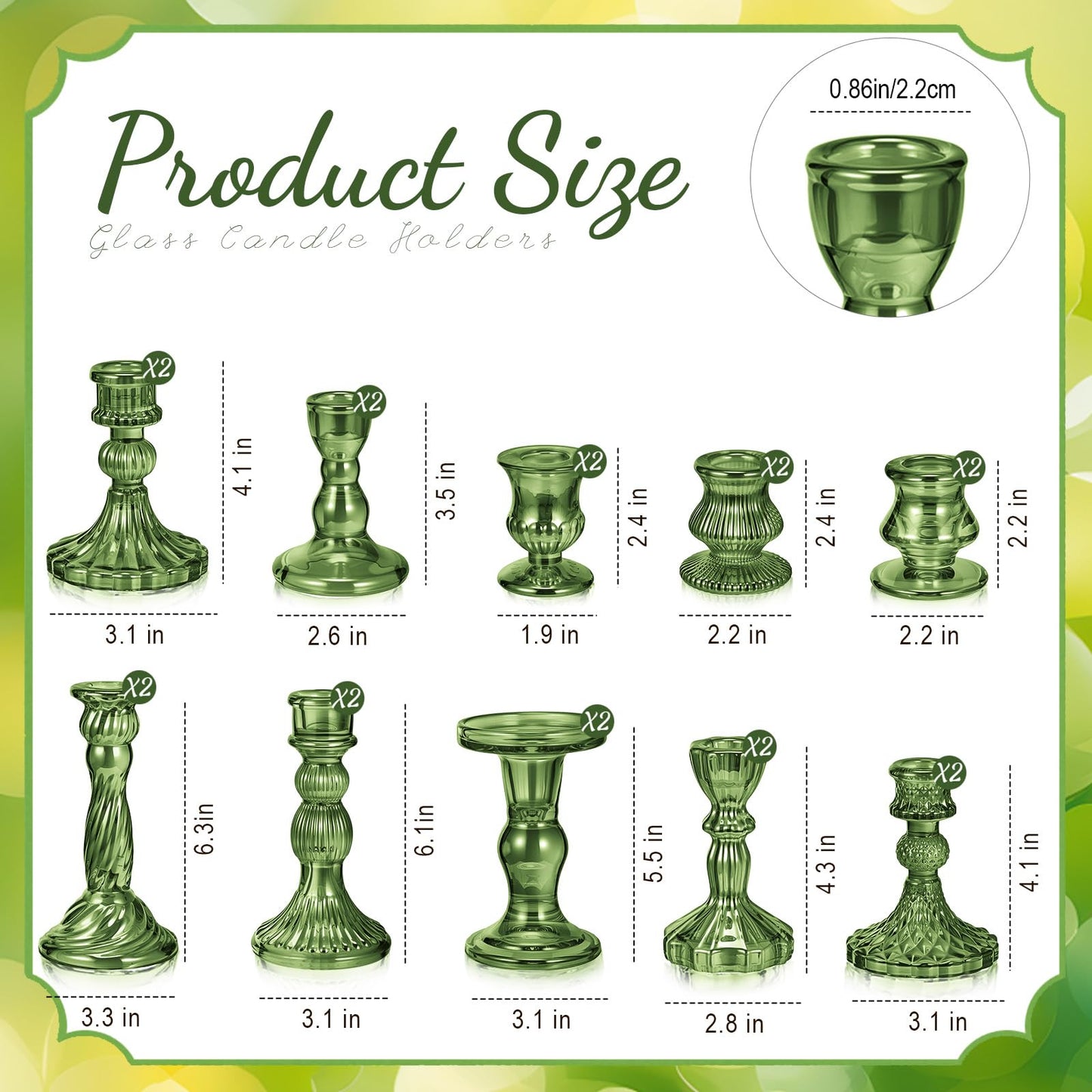 Mumufy 20 Pcs Glass Crystal Taper Candle Holders Clear Glass Candlestick Holder Fit 0.8 Inch Candles Crystal Decorative Candle Stand Centerpiece Table Wedding Dining Party(Green)