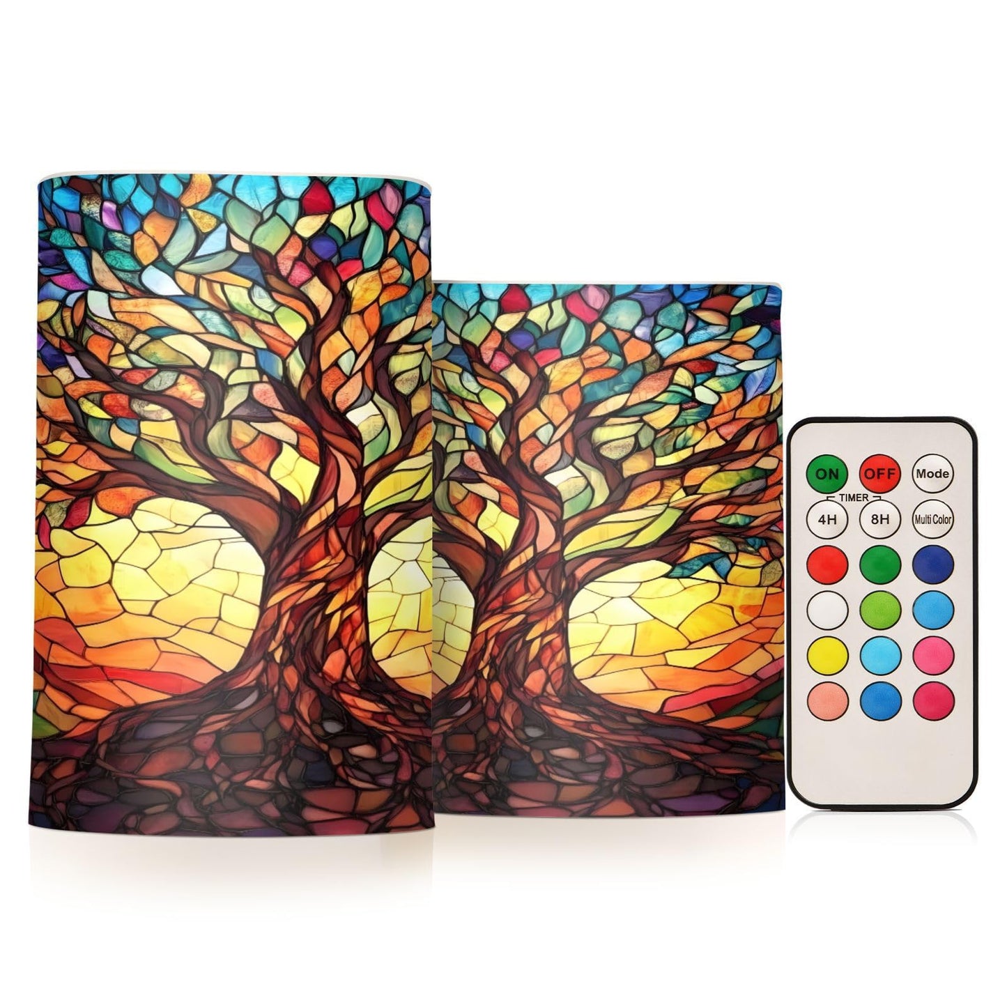 ALAZA Flickering Flameless Candles Tree of Life with Leaves Battery Operated Candles with Remote Timer LED Pillar Votive Candles Set of 2 for Holiday Decor