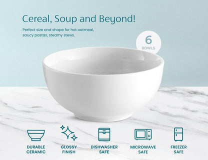 KooK Ceramic Cereal Bowls, Microwave, Dishwasher and Freezer Safe, Porcelain Dishes for Soup, Pasta, Salad, Oatmeal, Deep Interior, 24 oz, Set of 6, Marshmallow White