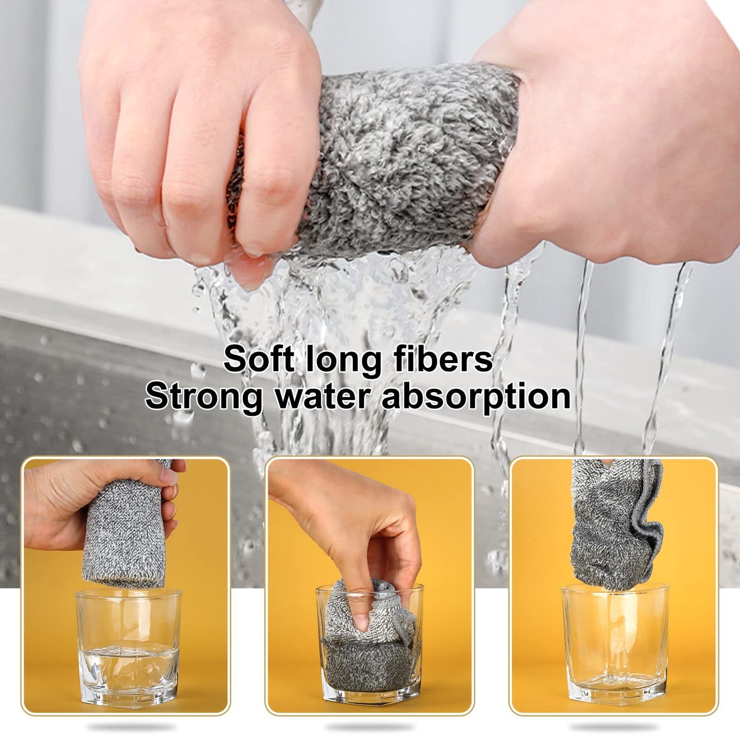 HAOBAOBEI Kitchen Cloth Dish Towels (12 Pack), Premium Dishcloths, Super Absorbent Microfiber Cleaning Cloth, Nonstick Oil Washable Fast Drying Dish Rags for Washing Dishes (Grey)