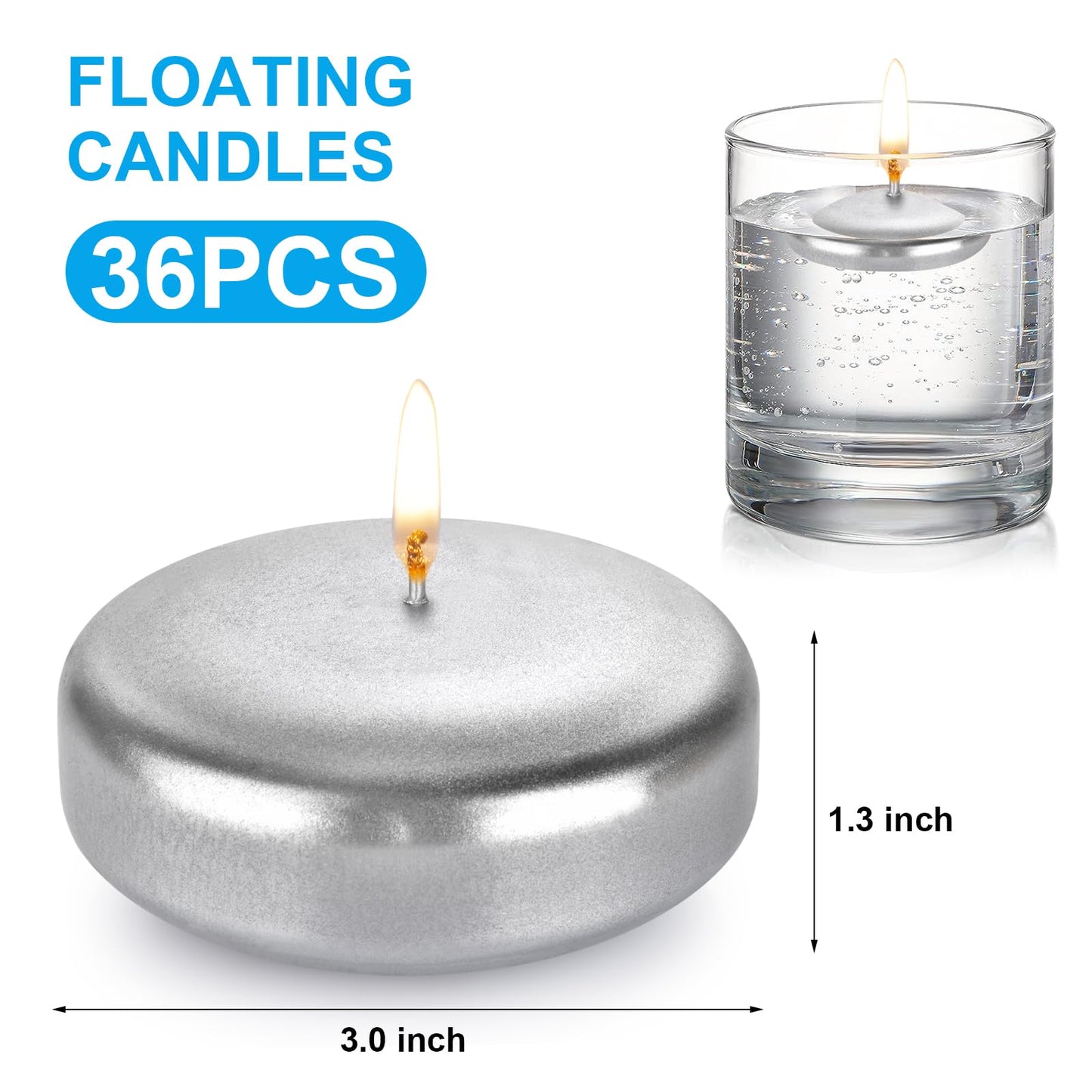 Baikaraer Floating Candles 3 Inch Unscented Dripless Wax 13-15Hours Burning,36Pack Wedding Party Candles,for Centerpieces Suitable for Cylindrical Vases,Swimming Pool,Restaurant Decor (Silver)