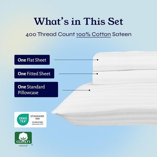 California Design Den Twin XL Sheet Set - 100% Cotton, 400 Thread Count, Silky Smooth Sateen, Striped White
