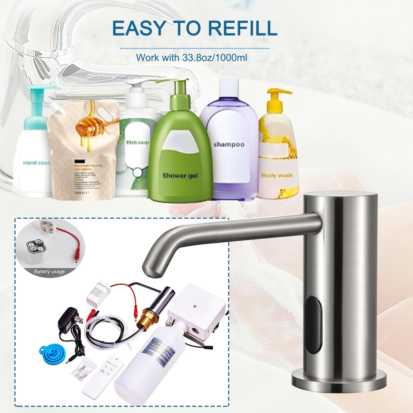 Automatic Soap Dispenser Touchless for Kitchen Bathroom Sink Built in Electric Soap Dispenser Infrared Sensors Liquid Commercial Dispenser with Bottle and Pump 33.81oz/1000ml (Brushed Nickel)