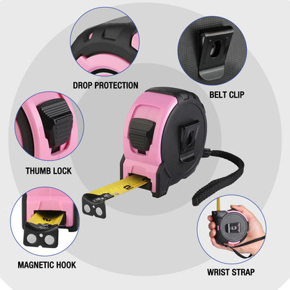 WORKPRO 25FT Pink Tape Measure, 1/8 Fractions Easy Read Measuring Tape, Retractable Nylon Coating Measurement Tape Accuracy 1/32, Magnetic Hook, Belt Clip, Rubber Protective Casing - Pink Ribbon