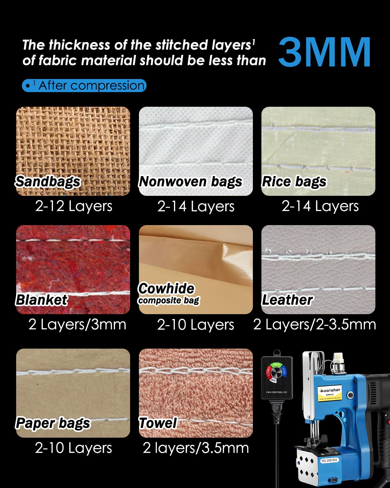 Moonshan Adjustable Speed Bag Sewing Machine 6.4Lbs Automatic Woven & Non-woven Fabrics, Leather Bag Closer