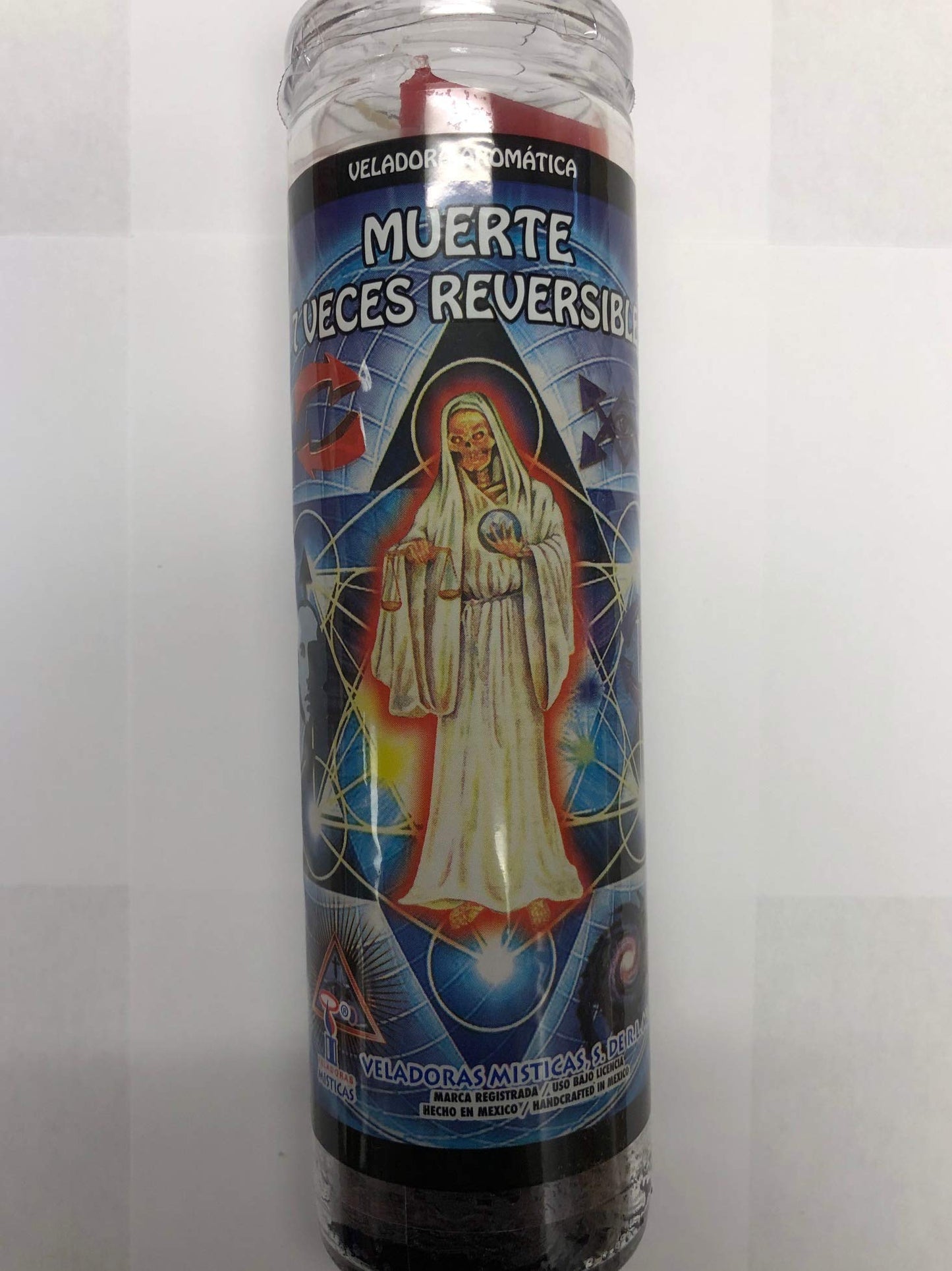 Holy Death 7 Color 7 Times Reversible (Santa Muerte 7 Veces Reversible) Pillar Prepared Scented Candle in Glass