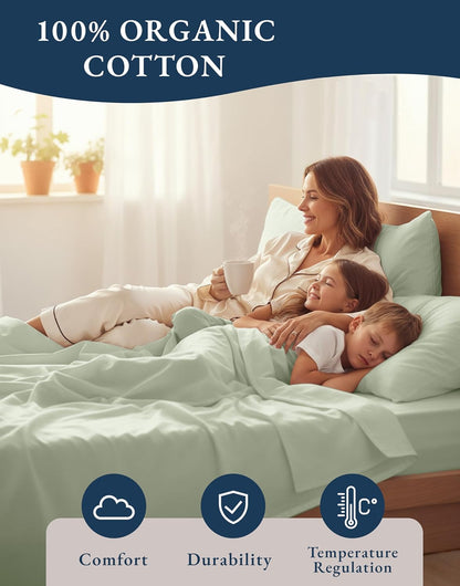 LANE LINEN 100% Organic Cotton Queen Sheet Set - Soft & Breathable Percale Weave, Deep Pocket, Hotel-Quality - Mineral Color