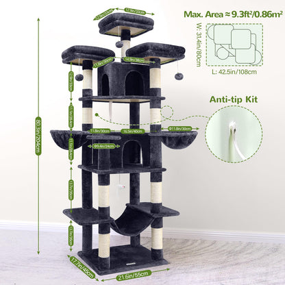 Globlazer Big Cat Tower for Indoor Cats, 80inch Cat Tower for Multiple Adult Cats XXL Cat Tree with Scratching Post, Hammock, 3 Perches, 2 Condos, 2 Hanging Basket, F80, Dark Grey