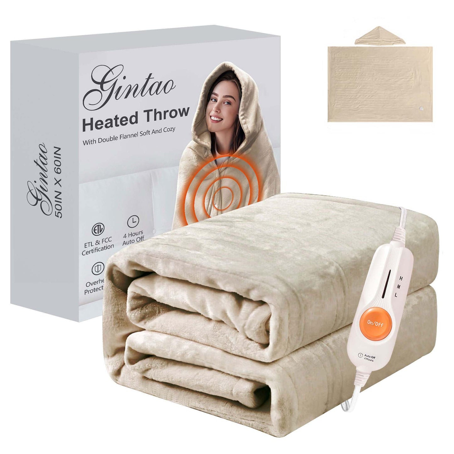 Gintao Electric Heated Blanket Throw,Double Flannel Electric Throw with 3 Heating Levels,ETL&FCC Certified, 4H Auto Off Overheat Protection,Heating Blanket for Home Office,Gifts,50"x60",Gray