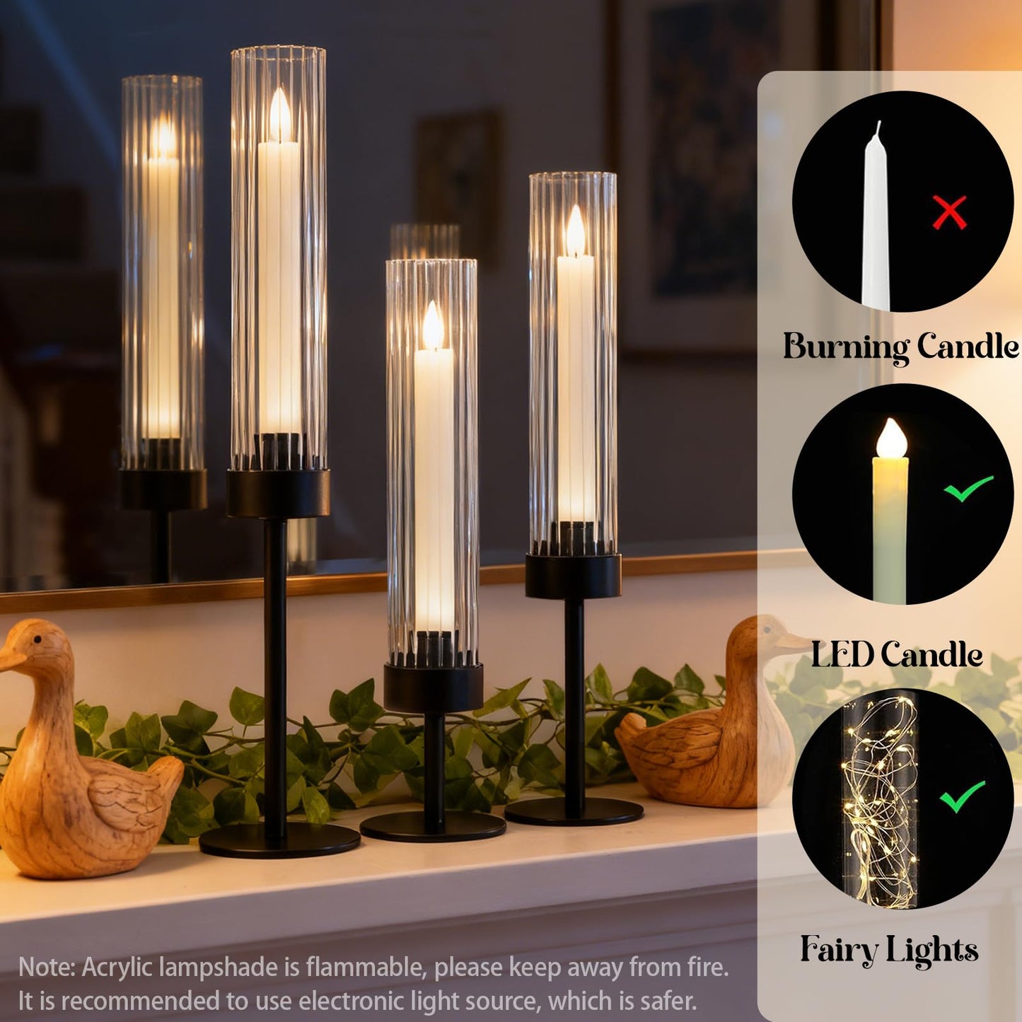 Metal & Acrylic Taper Candle Holders Set of 3 with Ribbed Design - Hurricane Clear Cylinder Candelabra for Wedding, Christmas, Party, Dining Table Centerpiece Decor (Black, Set of 3)