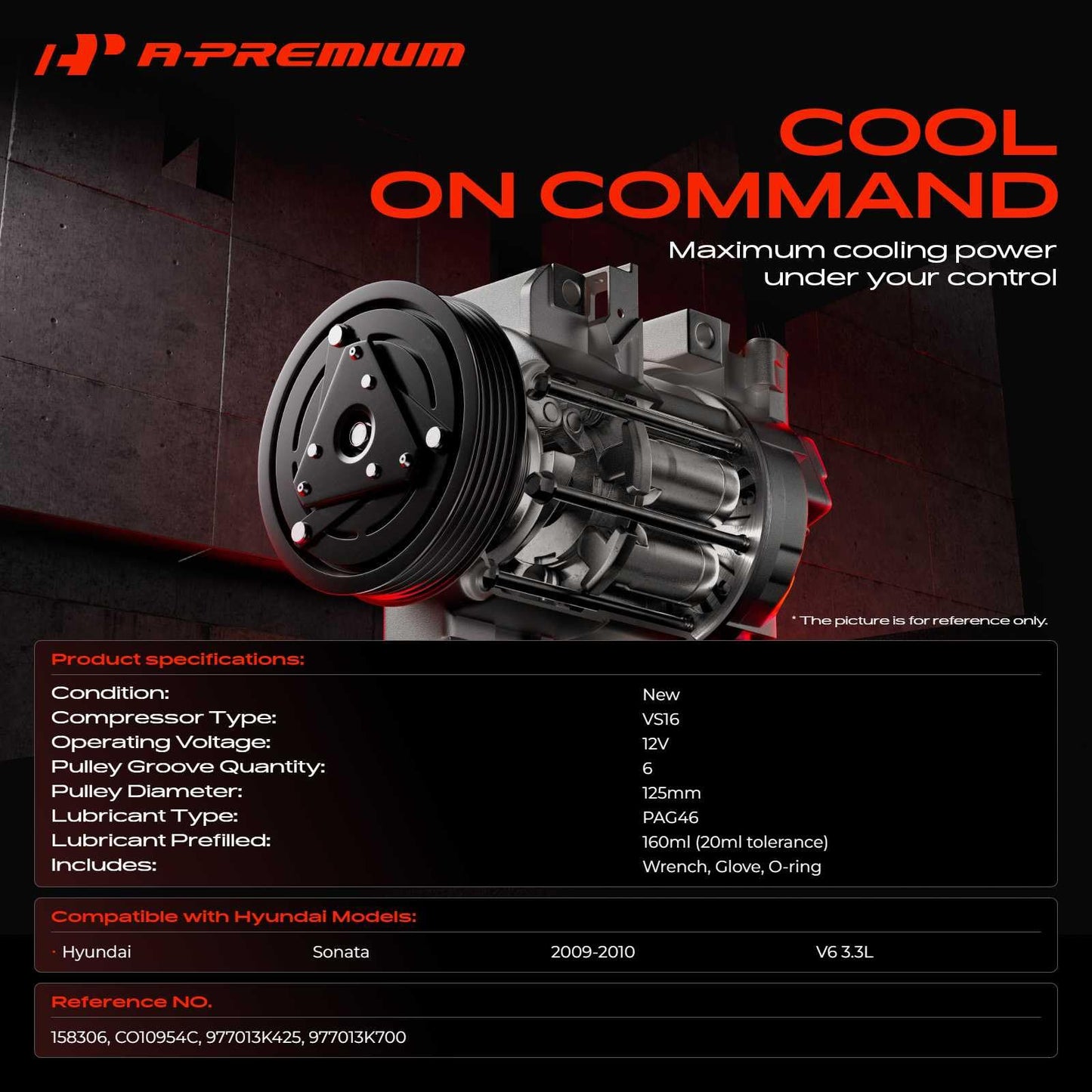 A-Premium Air Conditioner AC Compressor with Clutch Compatible with Hyundai Sonata 3.3L 2009-2010