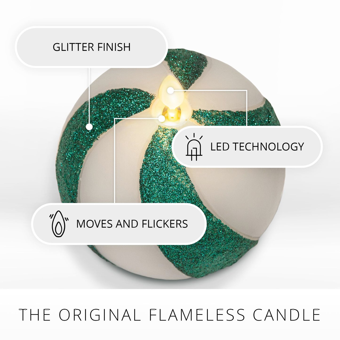 Luminara - Flameless Holiday Crystal Beads Glitter Sphere Candle - Candy Cane Green- Pack of 1-4x4.25 - Auto Timer Built-in 5-Hour Timer Indoor Use