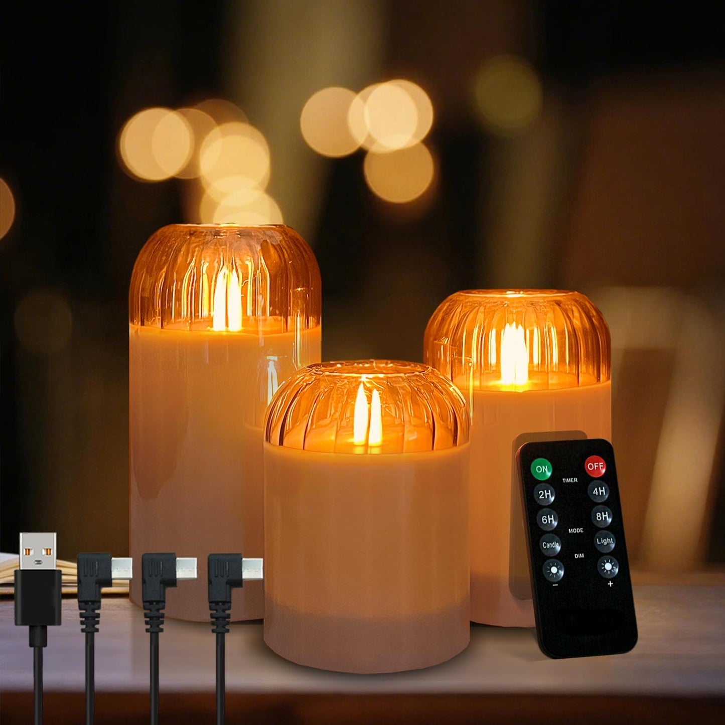 NICE POINT 3Pcs LED Candle Set Rechargeable with Remote Control,Grey Glass Flameless Candles,Candle Lights for Home Decor, Bedroom, Bathroom Accessories，Pumpkin Fake Candles for Halloween