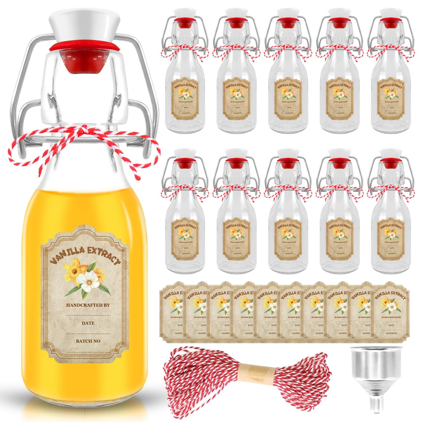 10 pack Vanilla Extract Bottles ，Flip Top vanilla bottles,10 pcs Vanilla Extract Stickers for homemade vanilla extract bottles Syrup Gift Glass Food Storage Canister Set (Transparent , 4oz-10pack)