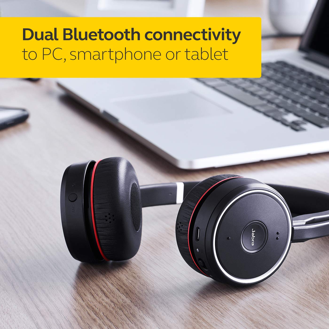 Jabra Evolve 75 UC Wireless Headset, Stereo – Includes Link 370 USB Adapter and Charging Stand – Bluetooth Headset with World-Class Speakers, Active Noise-Cancelling Microphone, All Day Battery