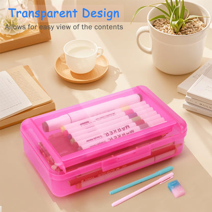 Nuozme Double Layer Large Capacity Pencil Box,Plastic Translucent Pencil Box, Hard Pencil Cases with Snap-Tight Lid for Pens, Pencils, School Supplies,Office Supplies,Medium-sized,1 Pack