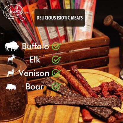 Jerky.com Exotic Meat Sticks Gift Bag | Wild Game Jerky Sampler with Venison, Elk & Wild Boar Meat Sticks | 12pc High Protein Jerky Gift basket for Men | Fathers Day Gift for Dad
