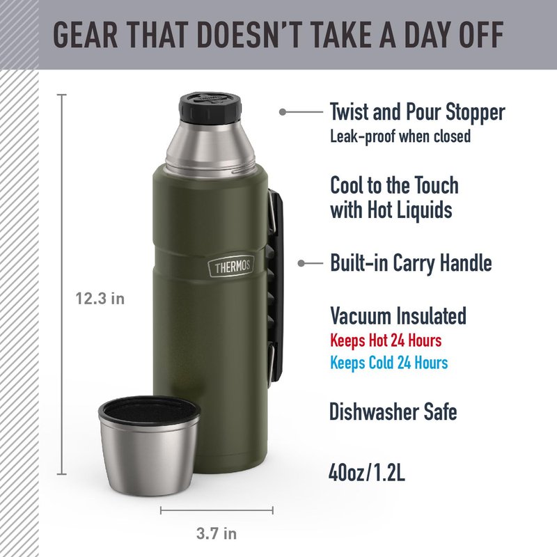 THERMOS Stainless King Vacuum-Insulated Beverage Bottle, 40 Ounce, Army Green