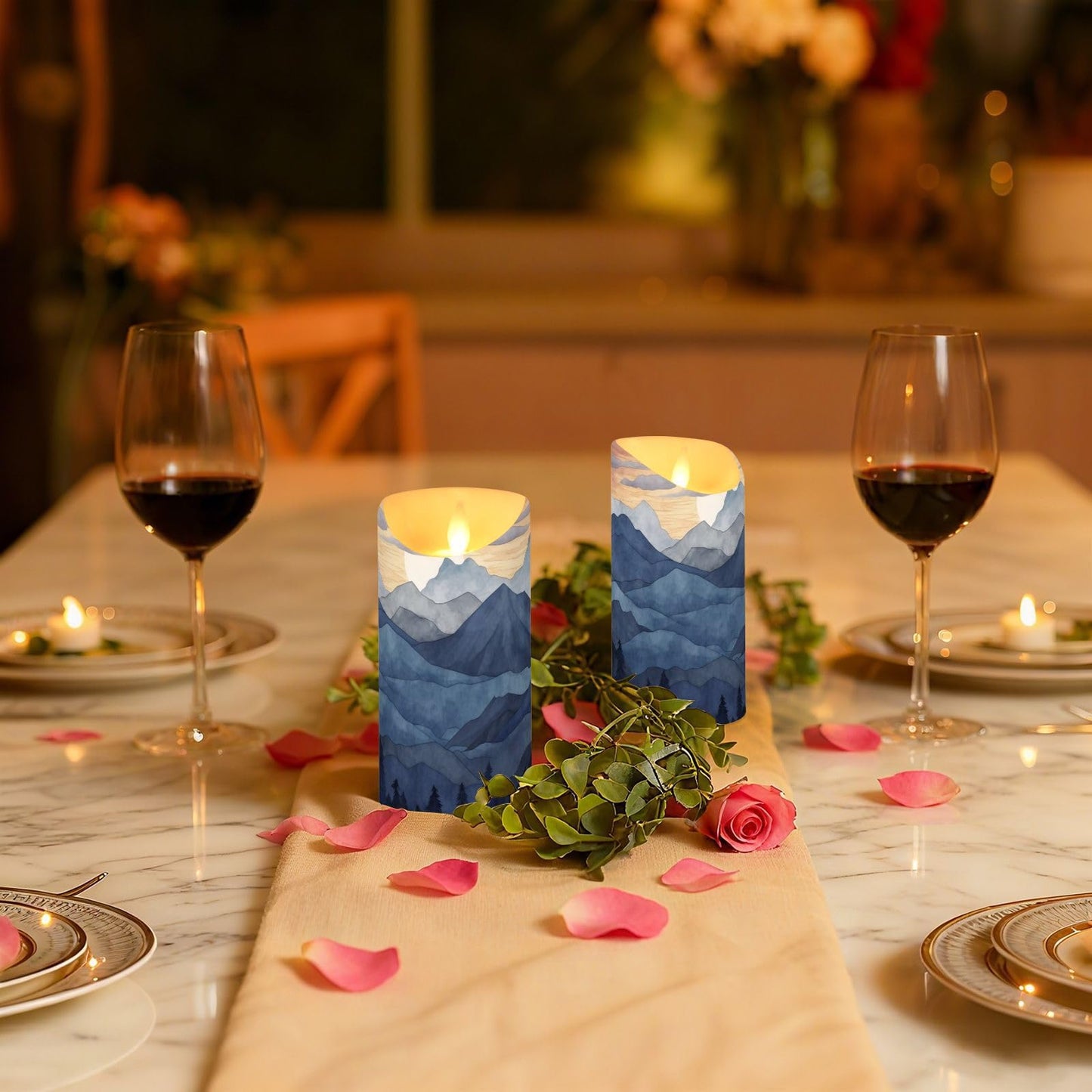 Nesatuwa Blue Marble Flameless Candles with Remote, Set of 2 LED Battery Operated with Timer Fake Plastic Pillar Candles for Wedding Table Party Decor