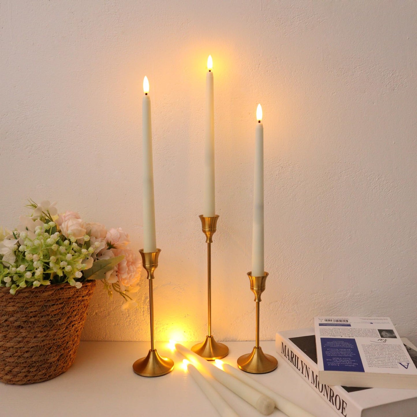 Hopule 12 Pcs Flickering Flameless LED Taper Candles, 11" Long Fake Taper Candles Battery Operated with Remote Timer, Ivory Plastic Electric Candlesticks for Wedding Party Christmas Holiday