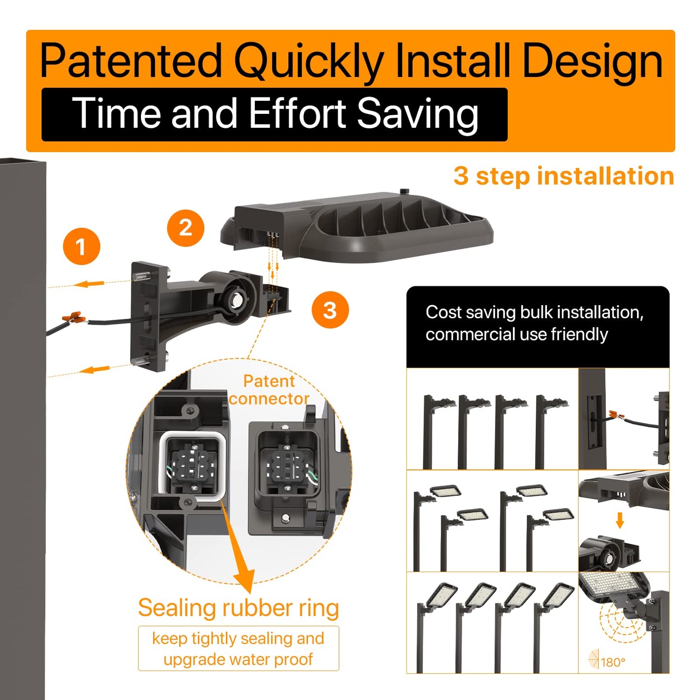 DEMILARE 150W Parking Lot Lights Quick Installation, 22500LM Adjustable Arm Mount Shoebox Light IP65 Waterproof, 100-277V AC Dusk to Dawn Commercial Street Area Light for Roadways, Parking lot, 3Packs