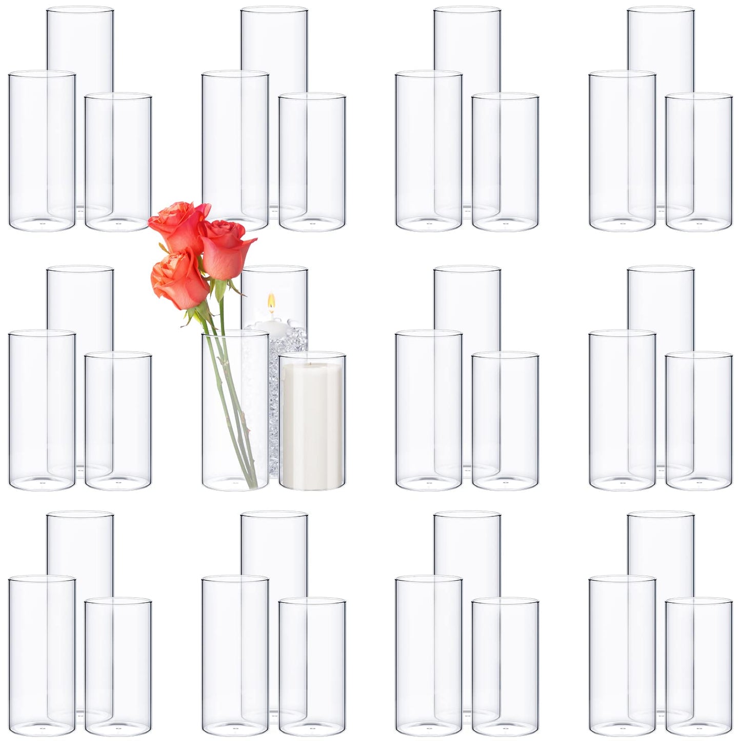 Didaey 36 Pcs Thin Cylinder Vases Set for Centerpieces 2.5'' Diameter 2mm Thickness Clear Glass Vase Hurricane Floating Candle Holder for Wedding Table Decoration (2.5'' X 5'',6'',8'')
