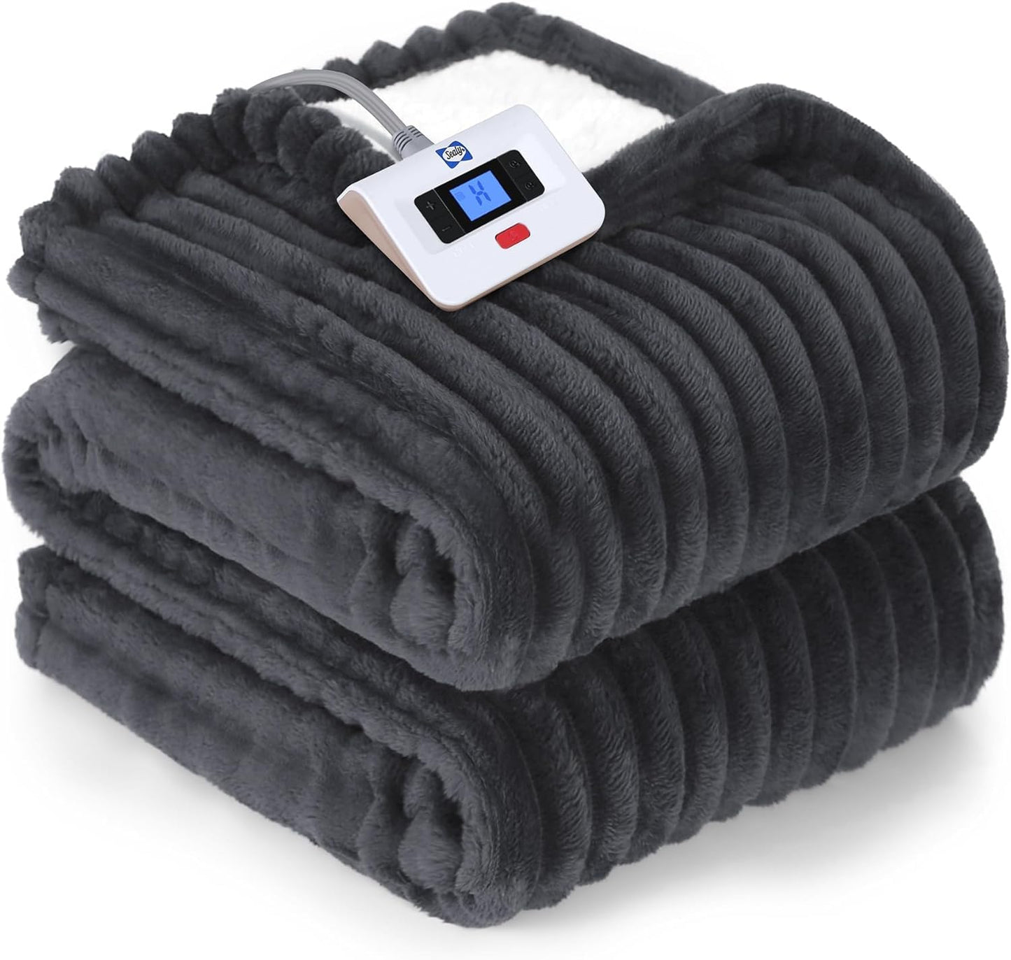 SEALY Electric Blanket Full Size, Soft Ribbed Flannel to Sherpa Reversible Heated Blanket with 10 Heat Settings & 1-12 Hours Auto-Off Overheat Protection, Machine Washable, 72"x84" Beige