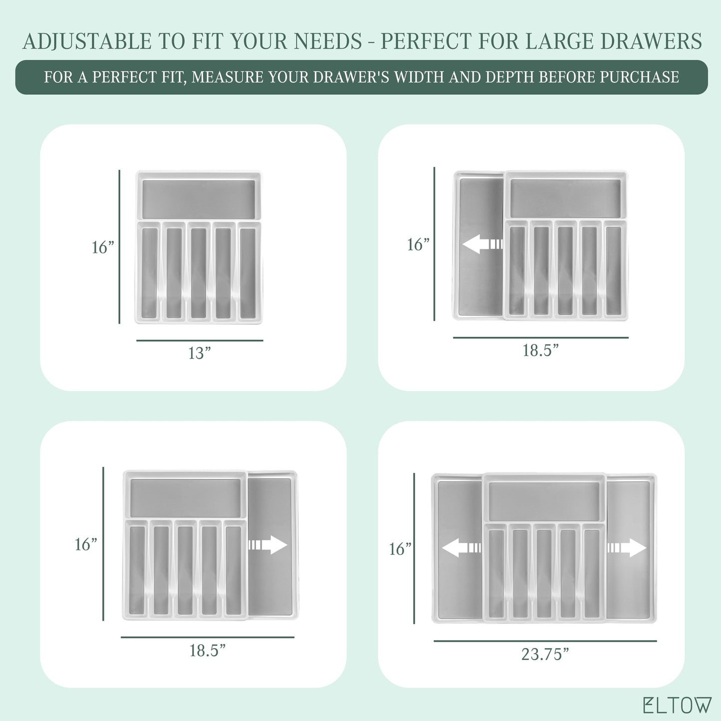 ELTOW Large Expandable Silverware Drawer Organizer, 8 Compartment Non-Slip & Adjustable Silverware Organizer for Drawer, Kitchen Organization for Utensils, Cutlery, Silverware Tray (Black)
