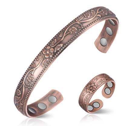 Feraco Copper Bracelet & Lymphatic Drainage Rings for Women, Vintage Flower Magnetic Cuff Bangle, 99.99% Pure Copper with Neodymium Magnets, Adjustable with Gift Box