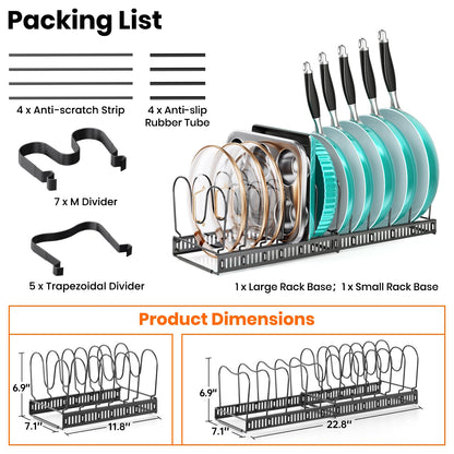 MUDEELA Expandable Pots and Pans Organizer Rack under Cabinet, Pots Lid Organizer Rack for Kitchen Cabinet Organizers and Storage with 12 Adjustable Dividers Cutting Board Holder & Anti-Scratch Strips