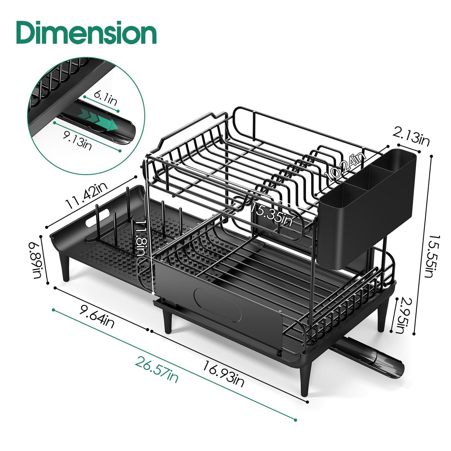 Extendable Dish Drying Rack for Kitchen Counter, Large Expandable Dish Rack with Multifunctional Drainboard for Pan Pot, Collapsible dish drainer, Foldable Plate Strainer for Home Countertop Storage