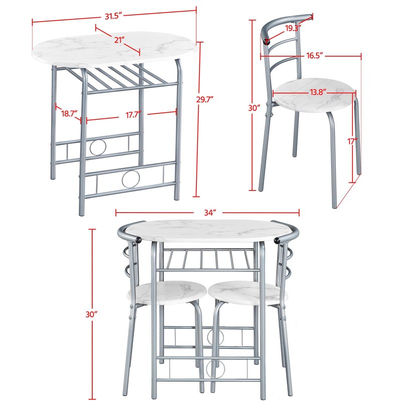 Yaheetech 3-Piece Dining Table Set, Breakfast Bistro Table Set for 2, Small Kitchen and Table Chairs Set of 2 with Metal Frame and Storage Rack for Small Space/Apartment/Dorm Room, White