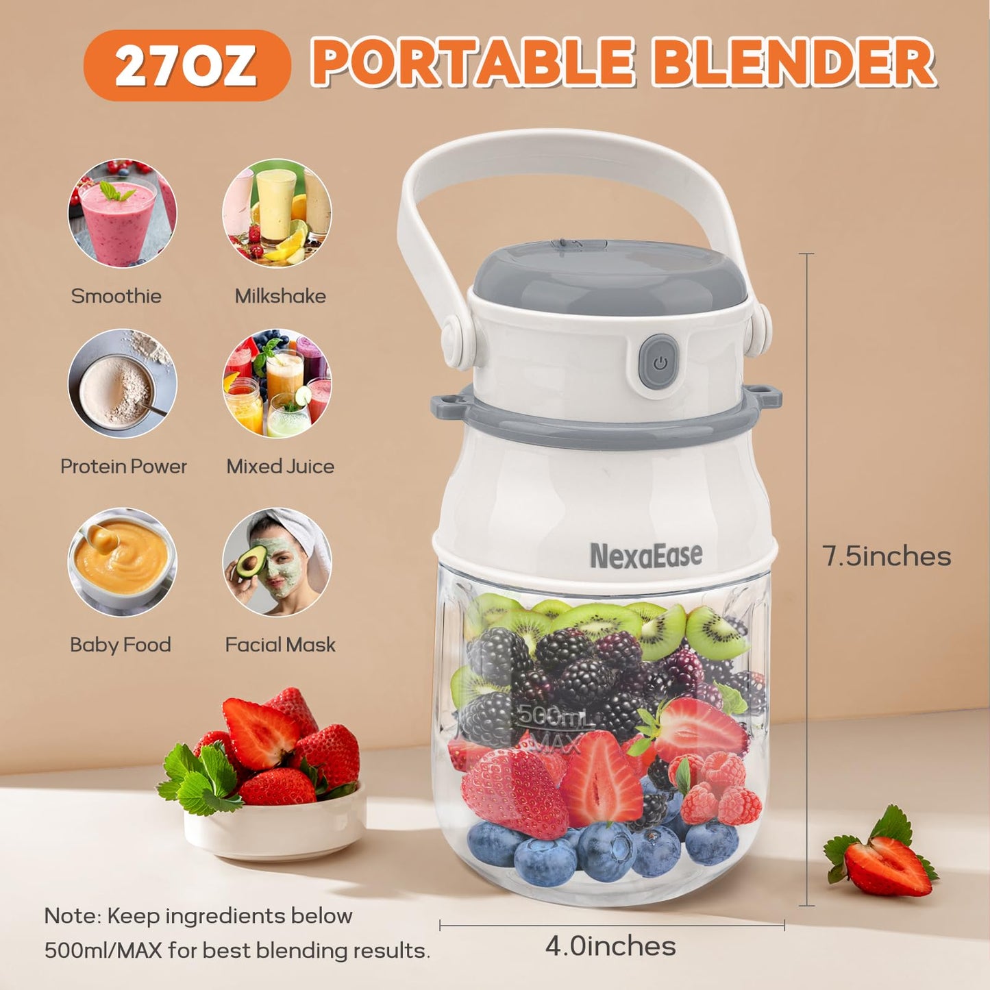 Portable Blender Personal Juicer for Shakes and Smoothies - 20 OZ Electric Protein Shaker Bottle with Insulated Sleeve, Travel Lid, USB-C Rechargeable - Mini Small Blender Cup for Kitchen, Office, Gym
