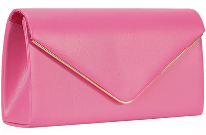 Vegan Leather Envelope Clutch Bag Classic Dressy Purse Foldover Evening Handbag Hot Pink