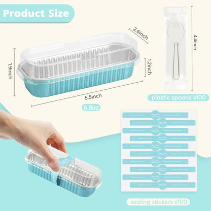 Ruckae 100 Pack Mini Loaf Pans with Lids and Spoons Disposable Aluminum Tin Foil Pans Rectangle Mini Loaf Cake Pan for Baking,Party,Picnics,Gifts Light Blue
