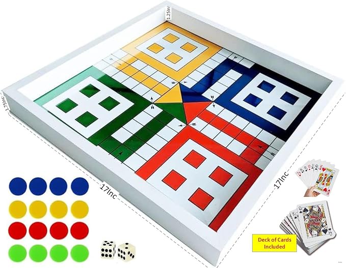 Real Glass Top Ludo Board Game 17 inches by 17 inches Ludo Board Game with 16 Tokens and 2 Dice