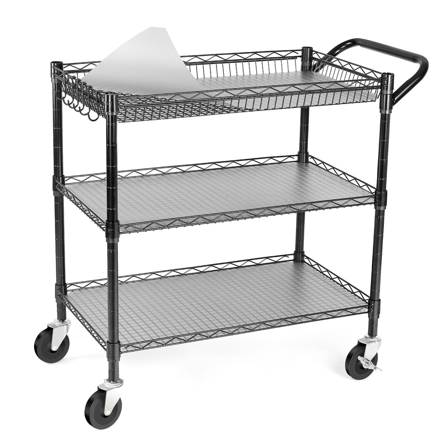 WDT 990Lbs Capacity Heavy Duty Rolling Utility Cart, NSF Rolling Carts with Wheels,Commercial Grade Metal Cart with Handle Bar & Shelf Liner,Trolley Serving Cart for Restaurant,Kitchen,Black