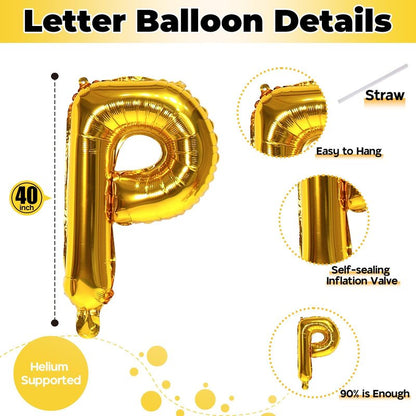 Giant P Alphabet Balloon Letters, Gold Self Inflating Custom Letter Balloons Birthday Decor, 40 Inch Helium Mylar Foil Name Word Balloons for Girls Men Anniversary Party Graduation Decoration Supplies